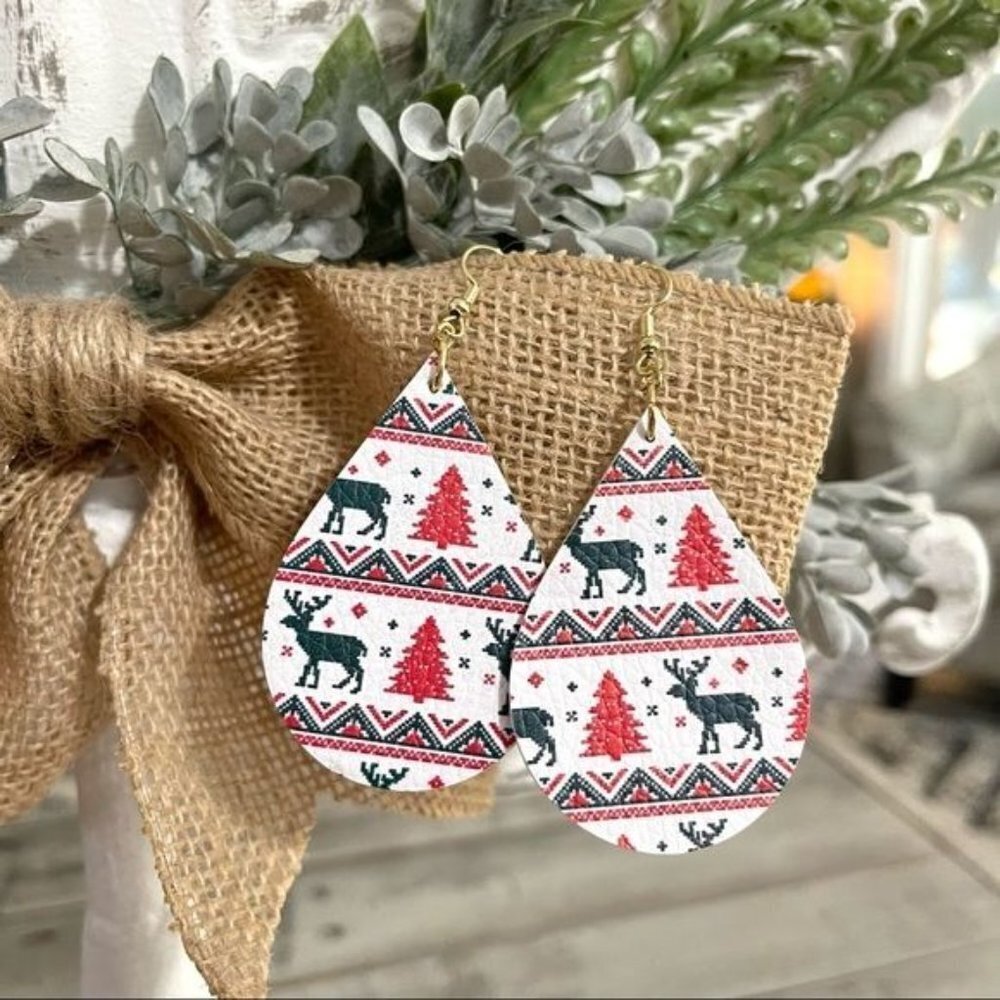 Handmade Christmas Tree & Reindeer Teardrop Statement Earrings Stocking Stuffer - Picture 3 of 3